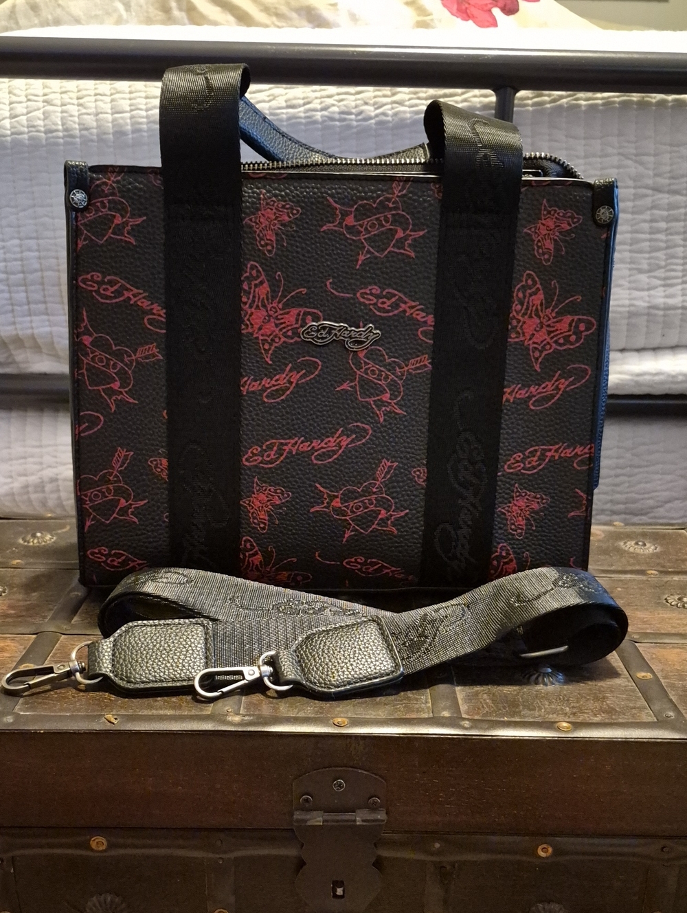 Ed Hardy Black & Red Satchel Tote Bag with Signature Crossbody Strap